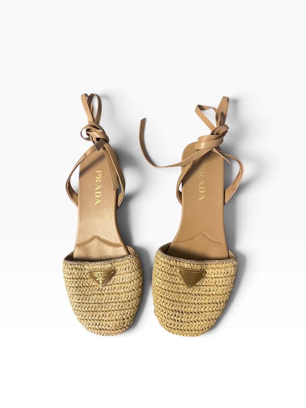 Prada Triangle Logo Natural Raffia Straw Woven Wrap Up Sandals Tan EU 40 - Picture 3 of 10